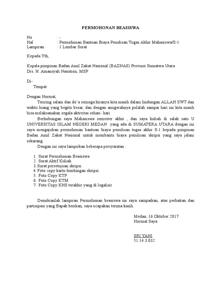 15 kumpulan contoh surat permohonan dana izin bantuan. Permohonan Beasiswa Baznas