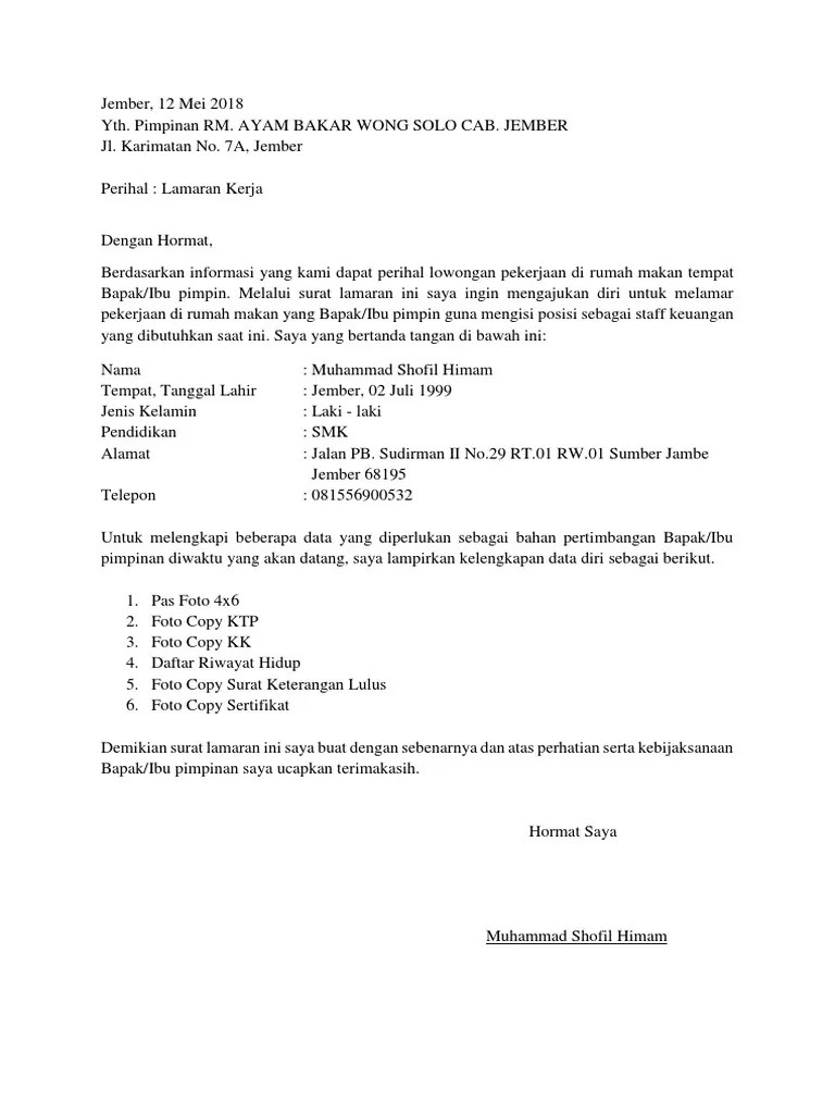 Contoh Surat Lamaran Pekerjaan Di Rumah Makan Contoh Seputar Surat 338 Best Contoh Lamaran Kerja.