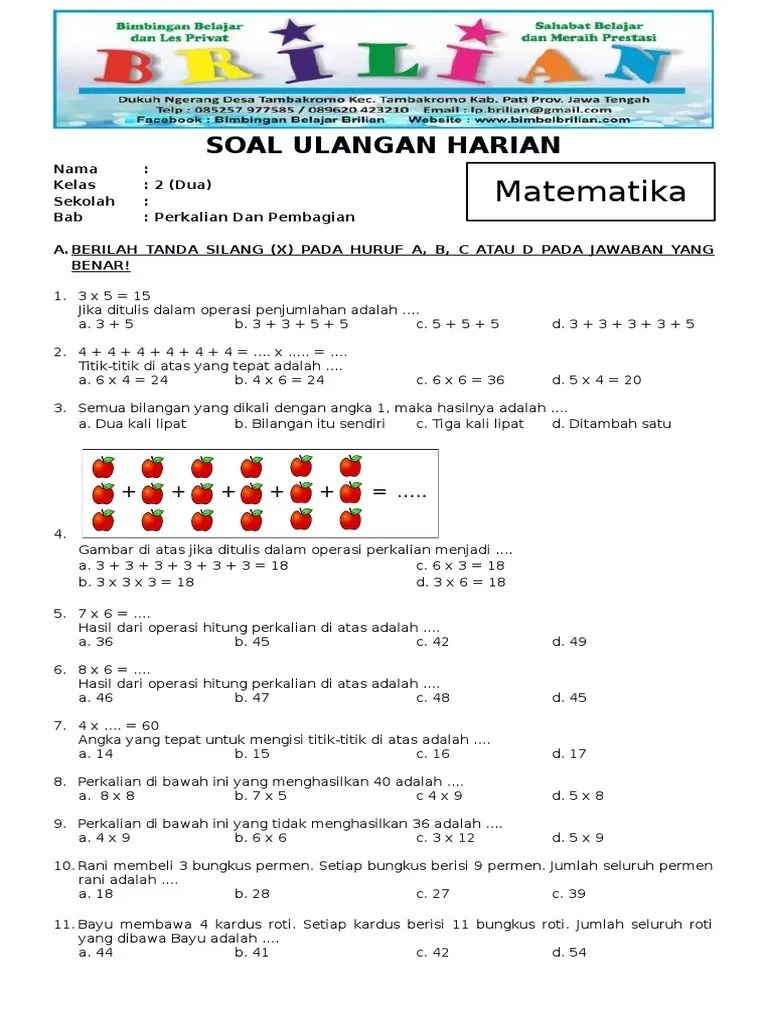 soal matematika kelas 2 sd tentang uang soal hubungan antar garis kelas 4 soal btq kelas 6 semester 1 dan kunci jawaban soal btq kelas 6 contoh soal btq kls 12 contoh soal hots. Soal Les Matematika Kelas 2 Sd