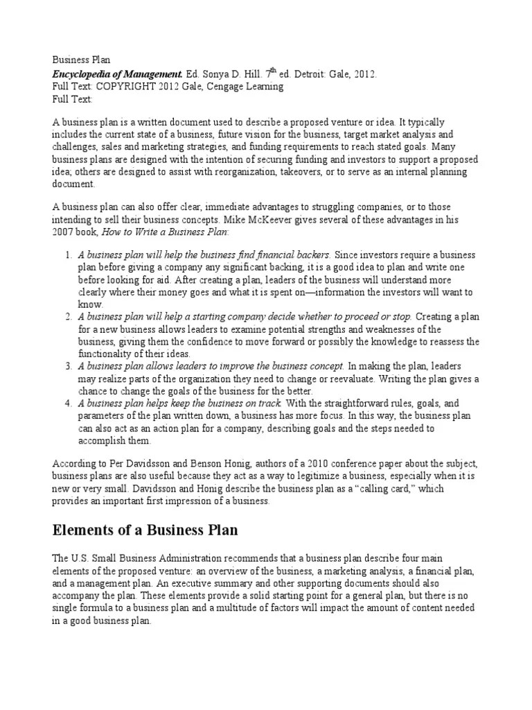 Elements Of A Business Plan | PDF | Feasibility Study | Venture Capital