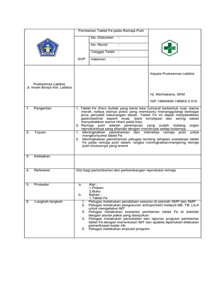 SO Pemberian Tablet Fe Pada Remaja Putri | PDF