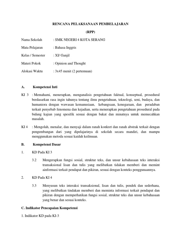 Soal bahasa inggris kelas 11 semester 1 tentang opinion. Rpp Kelas Xi Opinion And Thought