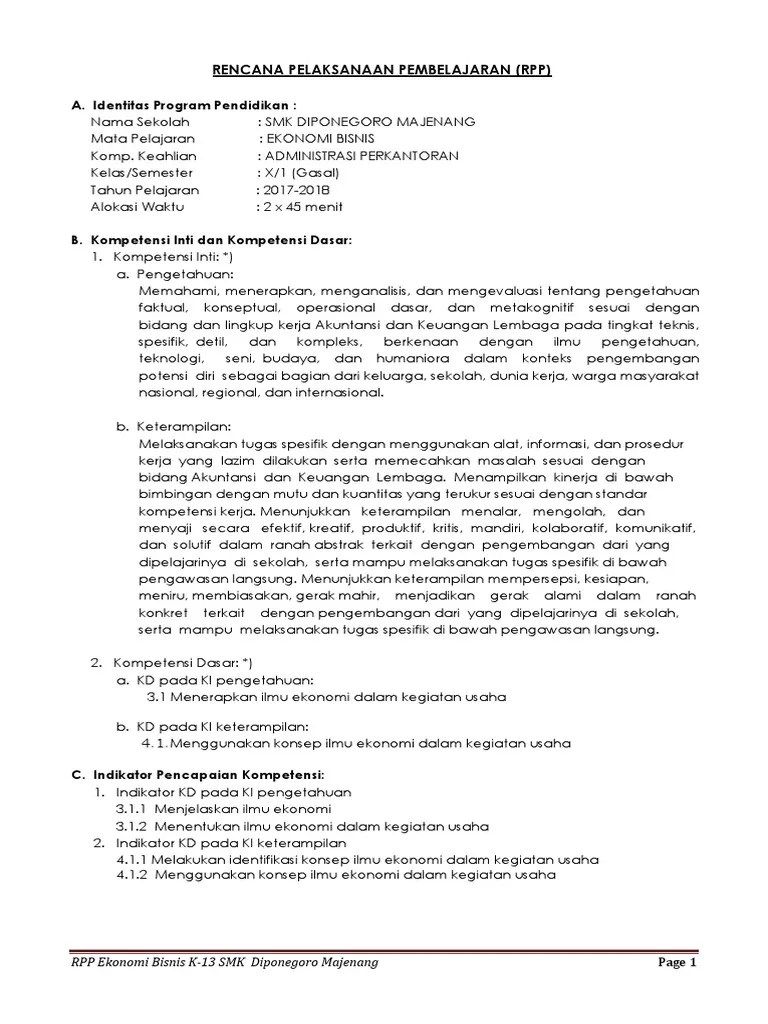 Smk ataupun bapak ibu guru yang mengajar mata pelajaran ekonomi bisnis. Rpp Ekonomi Bisnis Kelas X K 13 Revisi 2017 Pdf
