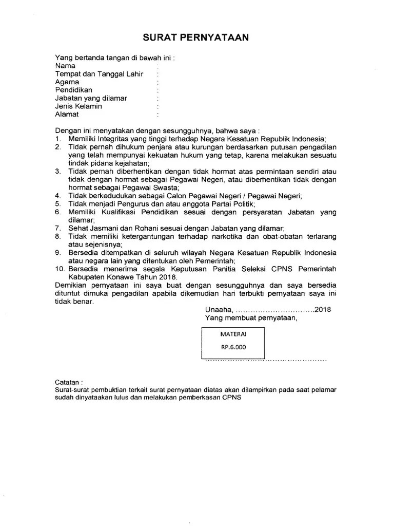 Link Download Contoh Surat Pernyataan Cpns 2021 Pdf 21 Kementerian 