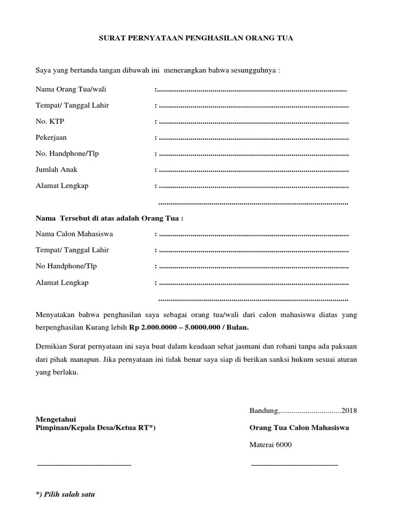 Berikut ini adalah contoh surat ijin orang tua. Surat Keterangan Penghasilan Orang Tua Docx - Bagi Contoh Surat