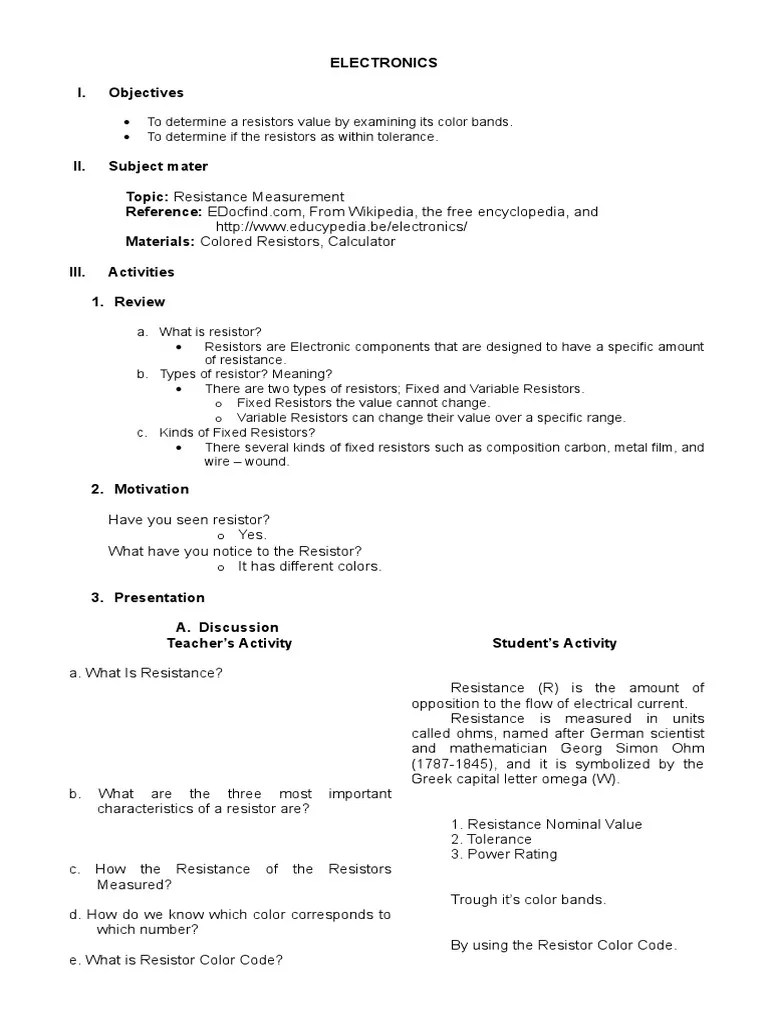 Sample Detailed Lesson Plan Resistor Engineering Tolerance