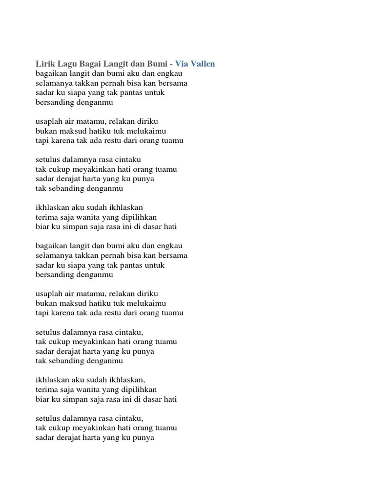 Tak cukup meyakinkan hati orang tuamu. Lirik Lagu Bagai Langit Dan Bumi Pdf