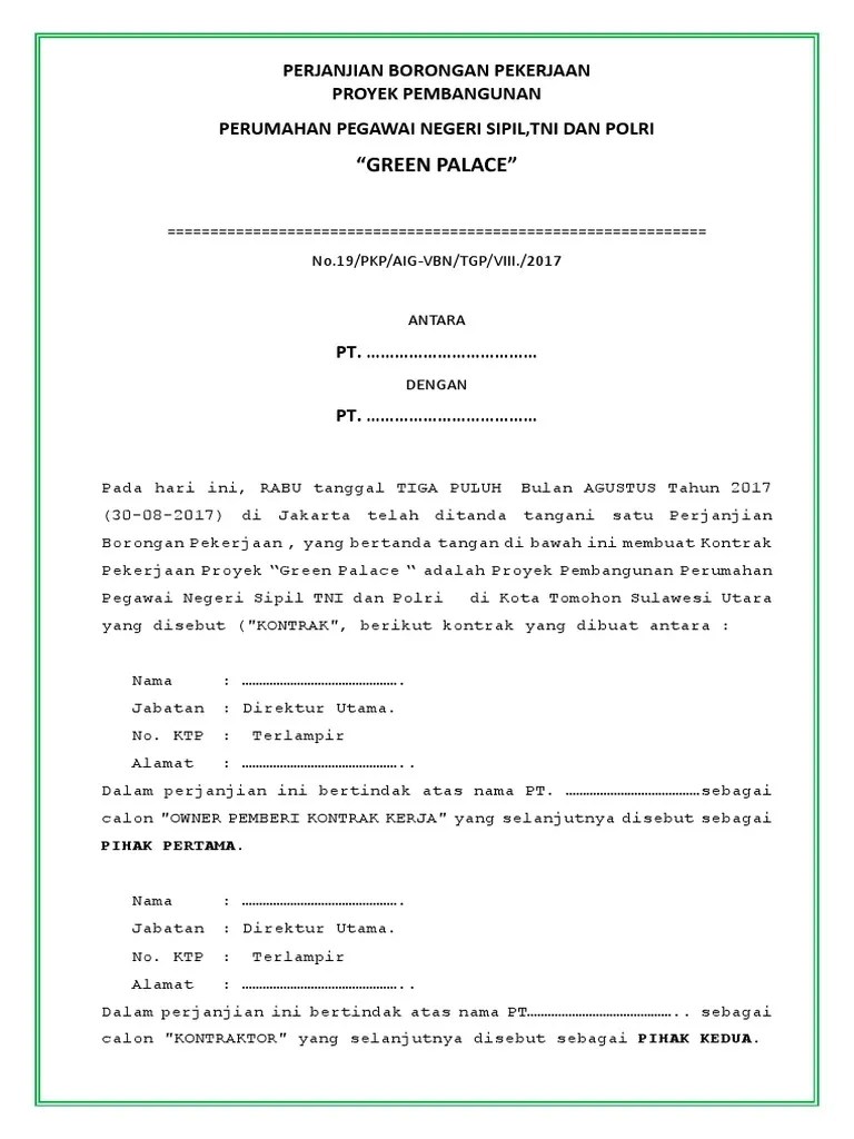 Surat jaminan dari principal (kontraktor/pemborong) dengan maksud . Draft Kontrak Skbdn Pdf