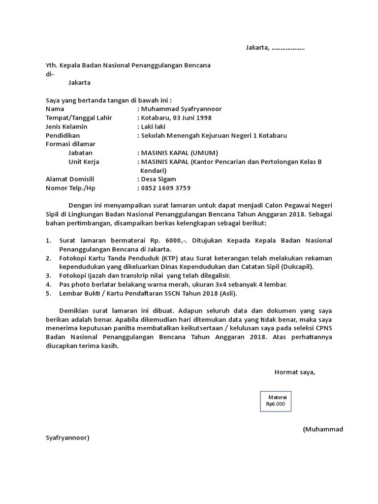 Pantau terus informasinya melalui laman resmi bnpt dan media sosial bnpt. Format Lamaran Cpns Bnpb T A 2018 Pdf