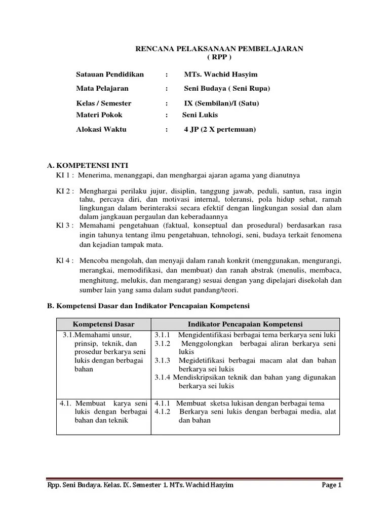 Jawaban seni budaya kelas 9 halaman 188 semester 2. Rpp K 13 Kelas 9 Kd 3 1 Seni Lukis