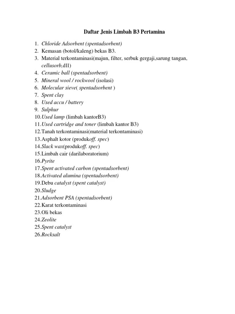 Daftar Jenis Limbah B3 Pertamina | PDF