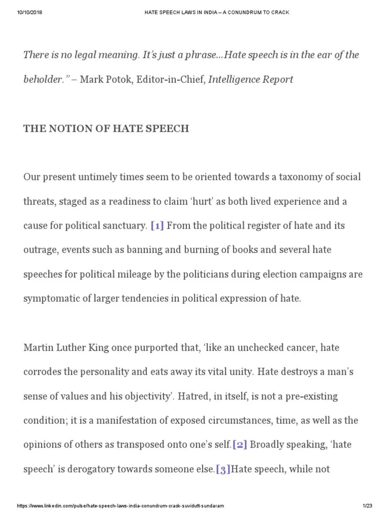 Hate Speech Laws In India - A Conundrum To Crack | PDF | Hate Speech | Government Information