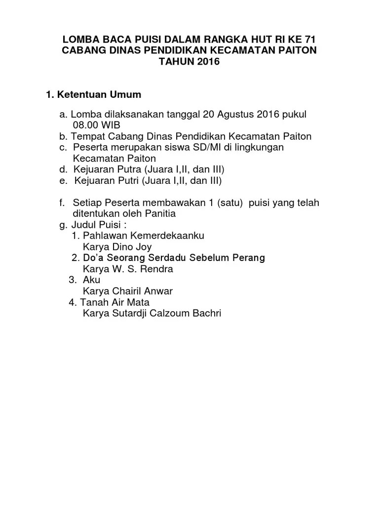 22.12.2021 · kunci jawaban tema 5 kelas 1 sd halaman 192; Puisi Lomba Hut Ri Ke 71 Pdf