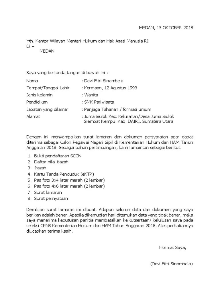Bersama ini saya mengajukan permohonan untuk diangkat menjadi calon pegawai negeri sipil polri tahun. Contoh Surat Lamaran Cpns Pdf
