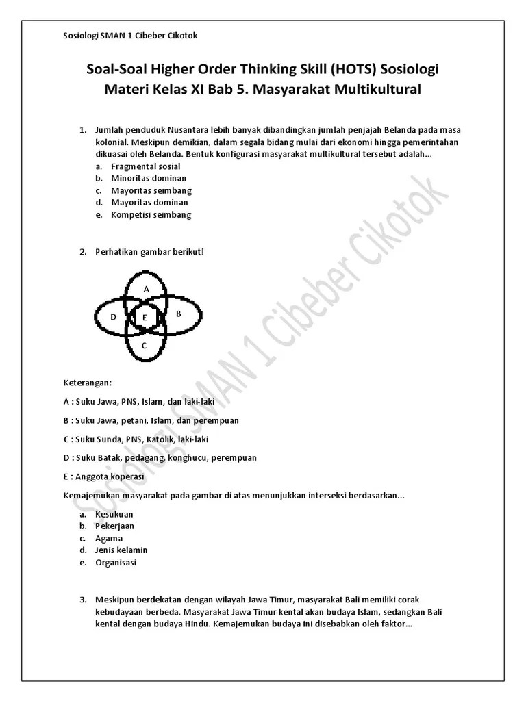 Begitu pun dengan ragam soal hots untuk melatih anda berpikir kritis dan mampu menalar. Soal Soal Higher Order Thinking Skill Hots Sosiologi Materi Kelas Xi Bab 5 Masyarakat Multikultural Pdf