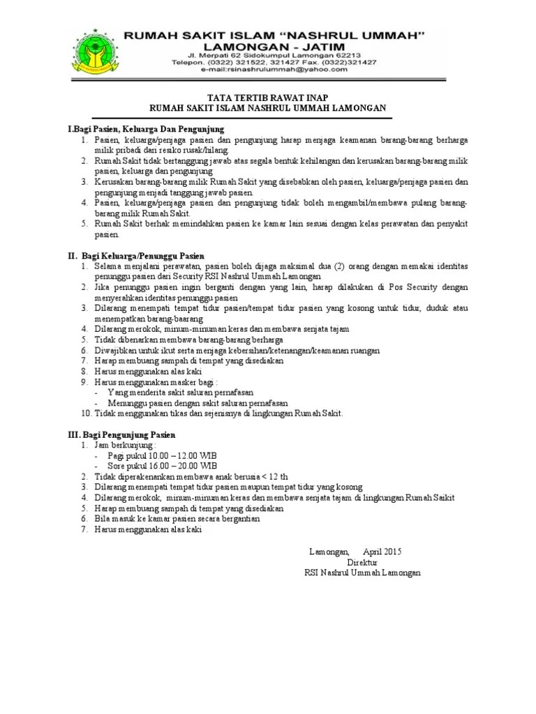 Pasien/keluarga menanda tangani surat pernyataan masuk rs atau opname setelah mendapatkan penjelasan petugas. Tata Tertib Pdf