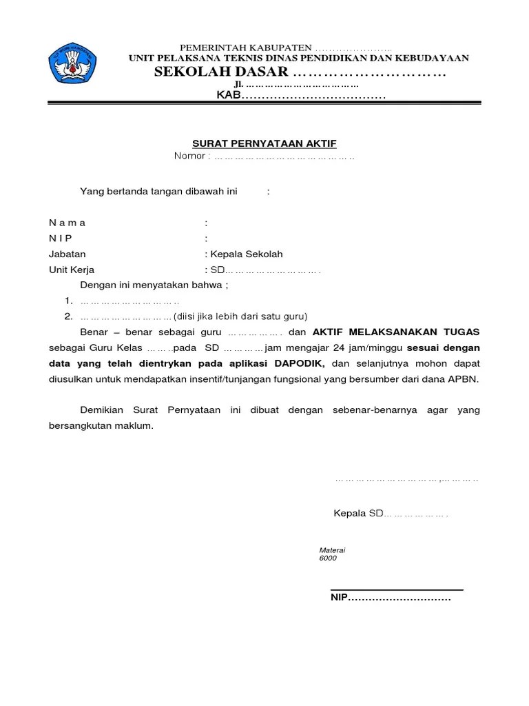 Surat Pernyataan Kepala Sekolah Guru Mengajar Di Sekolah Induk Yang