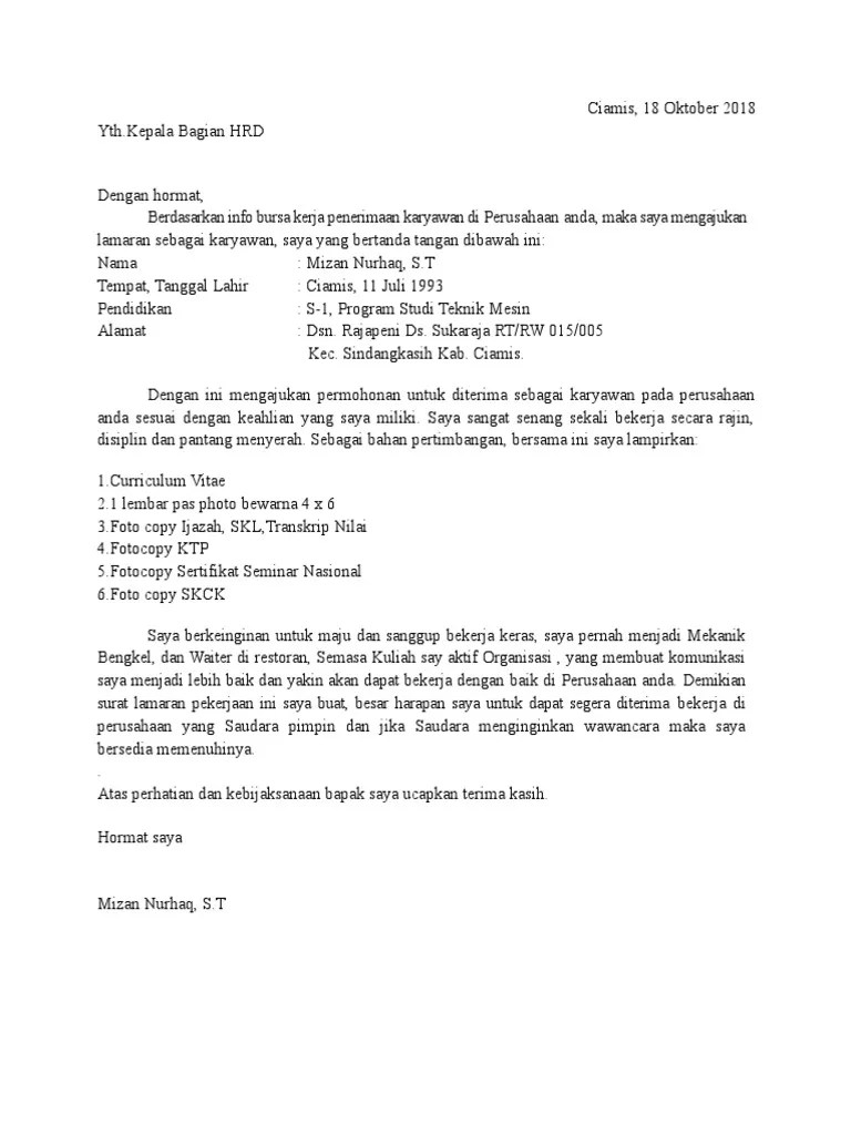 Misalnya anda berminat melamar sebagai koki (chef), . Surat Lamaran Mizan Pdf