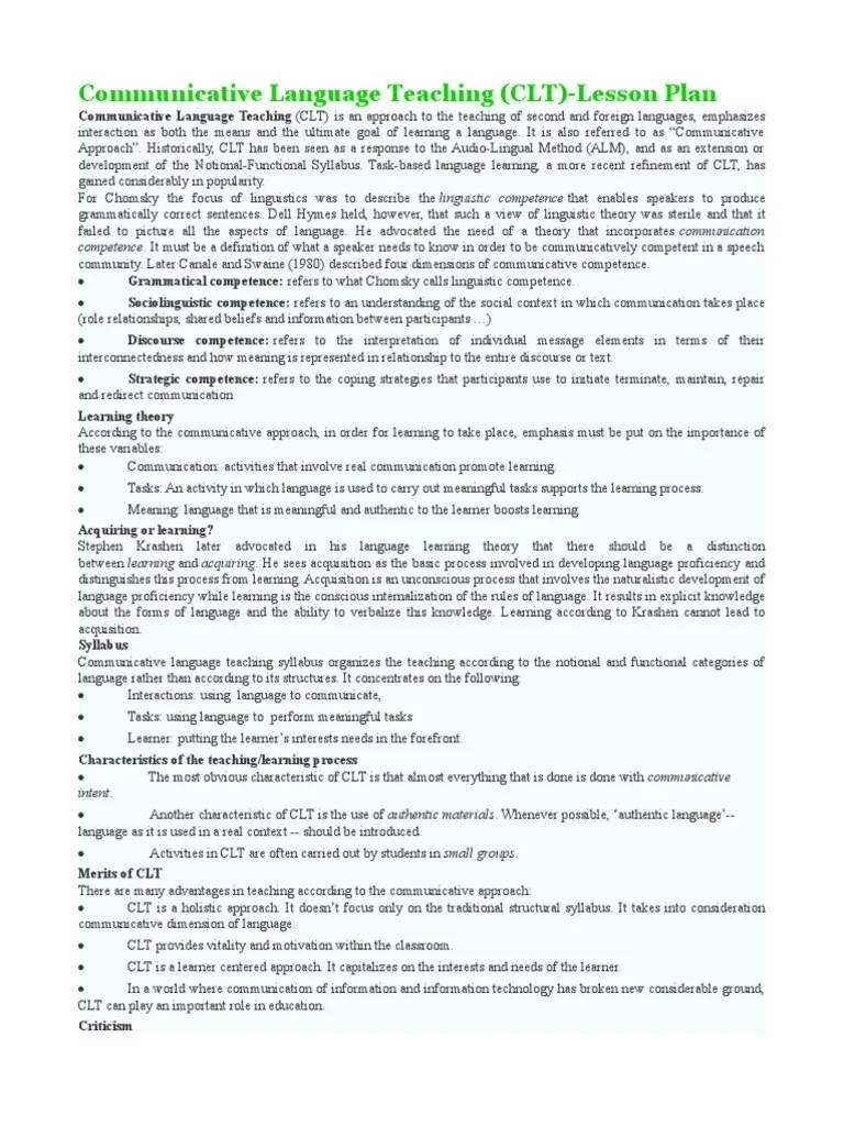 Communicative Language Teaching (CLT) - Lesson Plan | PDF | Linguistics ...