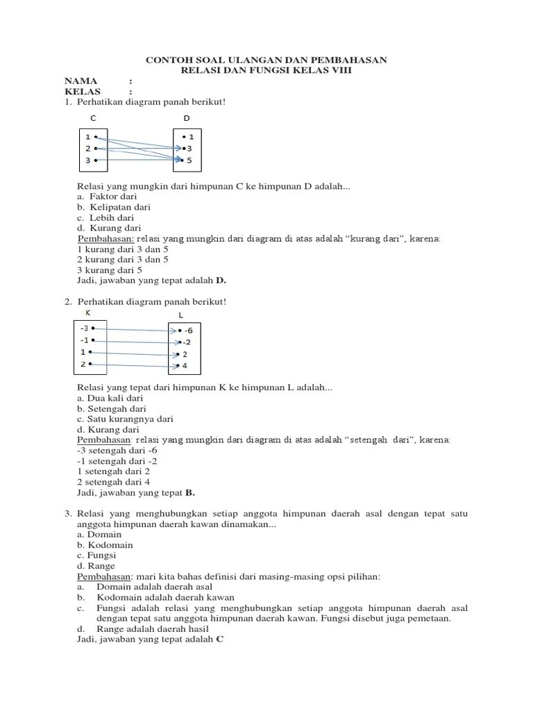 Yuk, coba kerjakan latihan soal pts kelas 8 smp beserta pembahasannya berikut ini. Soal Dan Pembahasan Relasi Kelas 8 Kurikulum 2013 Beinyu Com