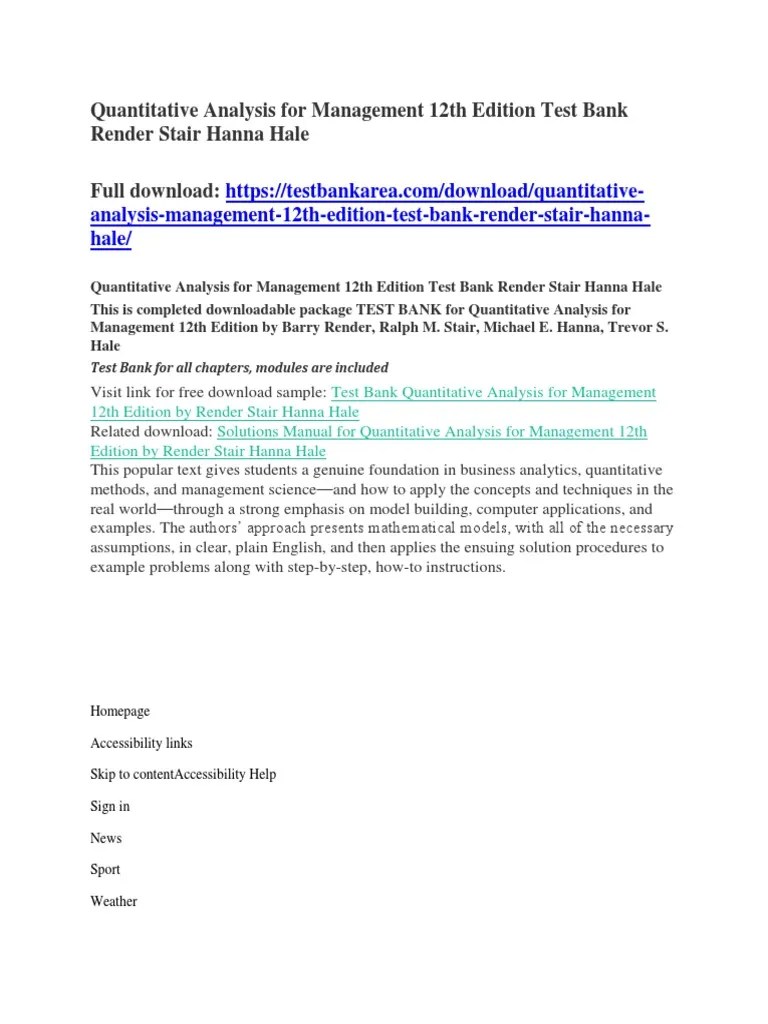 Test Bank For Quantitative Analysis For Management 12th Edition Mathematical Model Analytics 2Ch 13-Alabama Airlines Case.