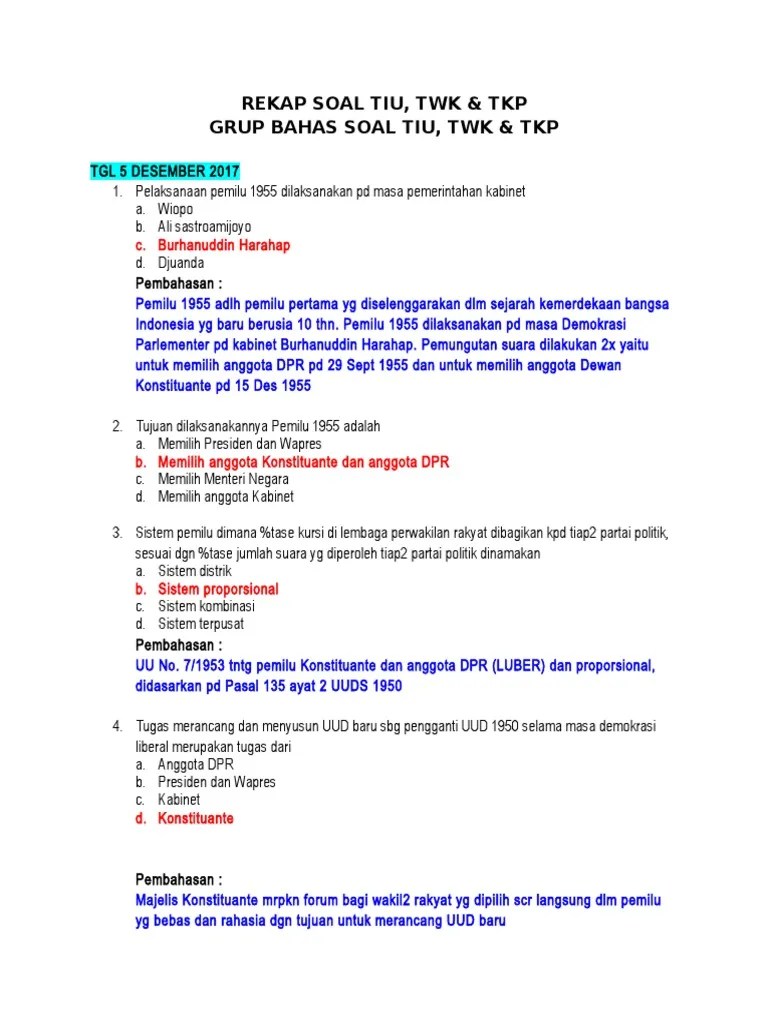Ujian seleksi cpns di tahun 2021 menggunakan sistem computer assisted test (cat). Rekap Soal Grup Tiu Twk Tkp Pdf