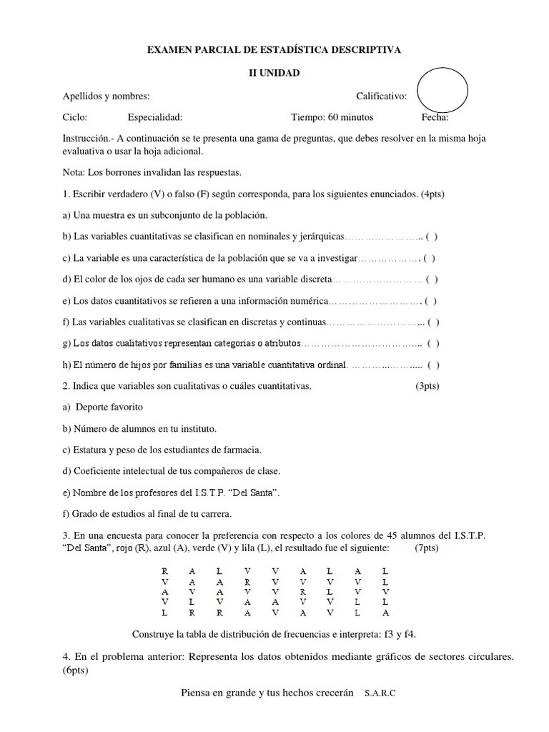 Examen Parcial De Estadística | PDF