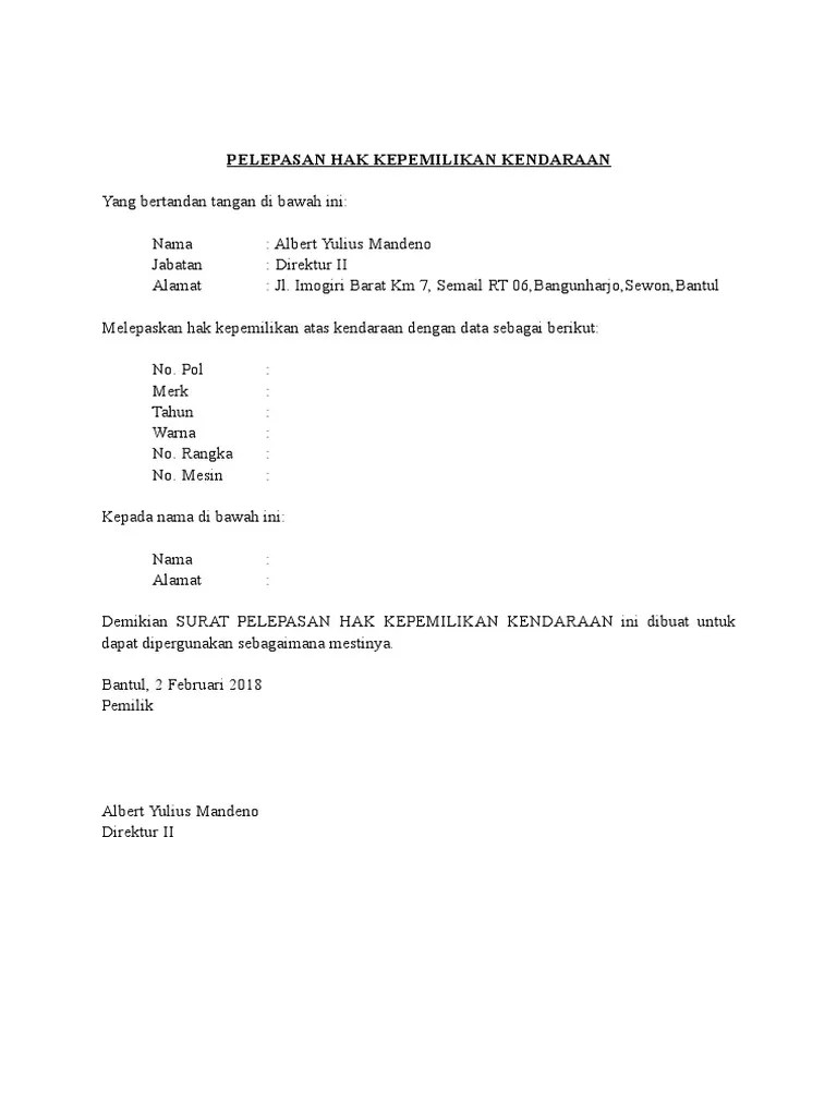 Contoh Surat Pelepasan Kendaraan Perusahaan Masnurul