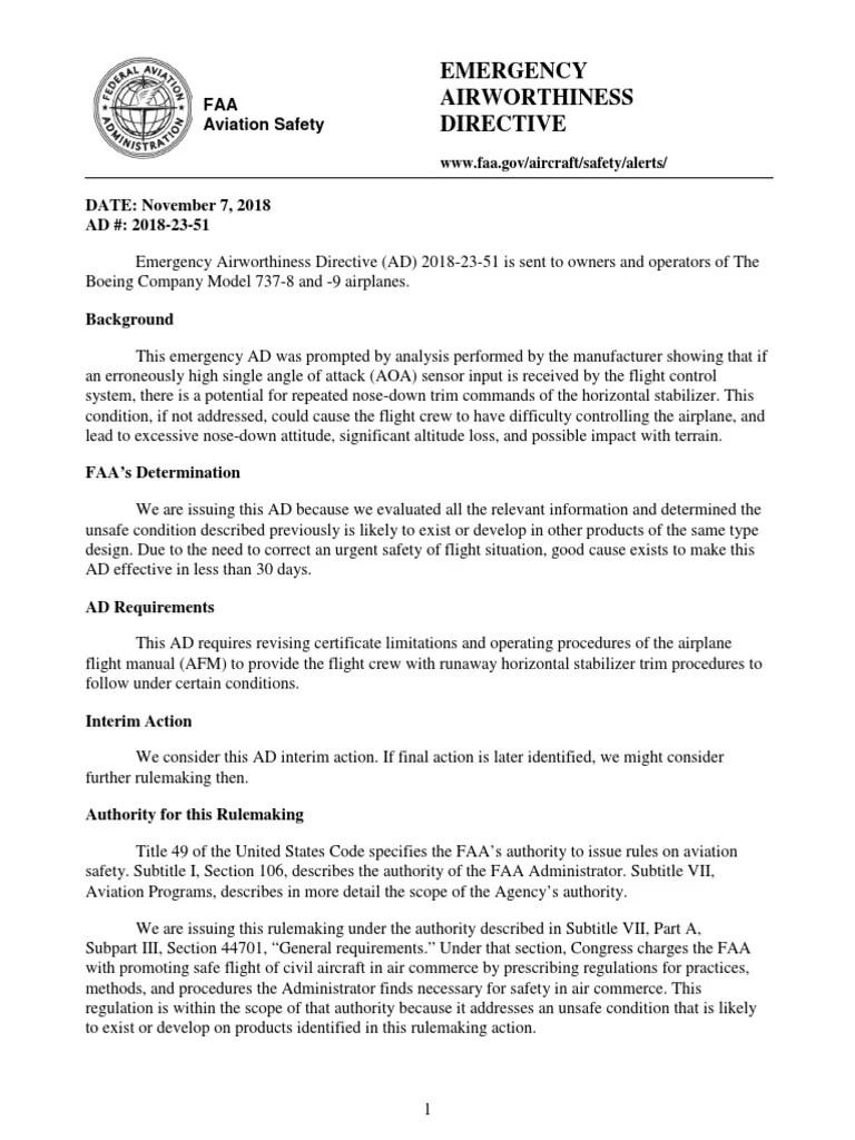 FAA Emergency Airworthiness Directive 2018-23-51 For Boeing 737 MAX | Aircraft Flight Control ...