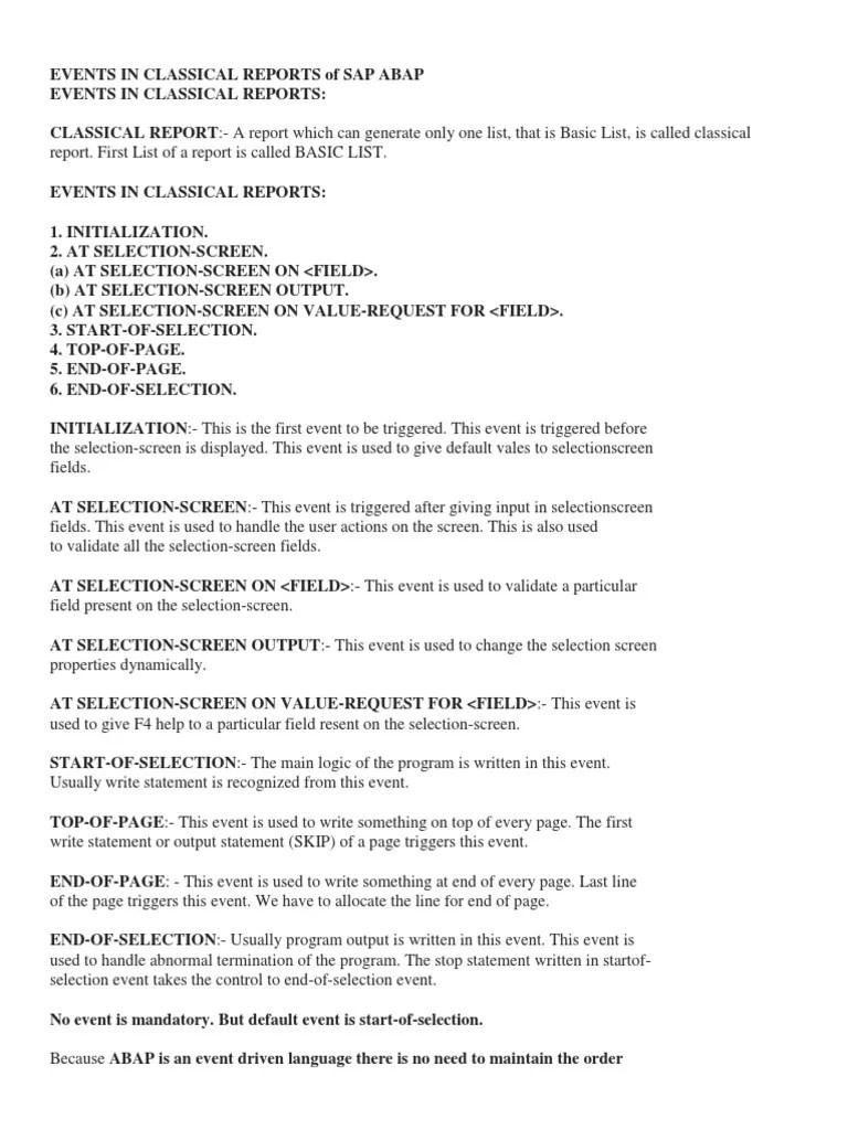 Events In Classical Reports Of Sap Abap | PDF | Computer Engineering ...