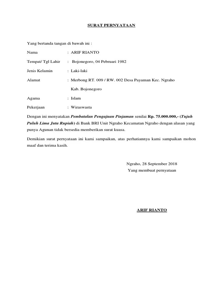 Adapun persyaratan pengajuan kredit briguna karya payroll bri di bri kantor. Surat Pernyataan Pembatalan Pinjaman Bank Pdf