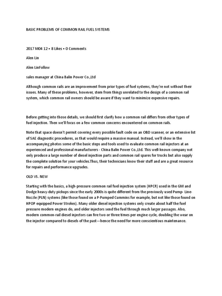 Basic Problems Common Rail | PDF | Fuel Injection | Diesel Engine