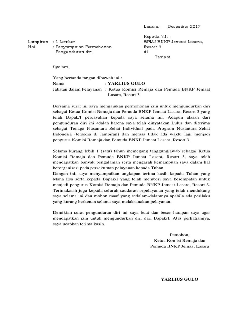 Bersama surat ini saya atas. Contoh Surat Pengunduran Diri Dari Pelayanan Gereja ...