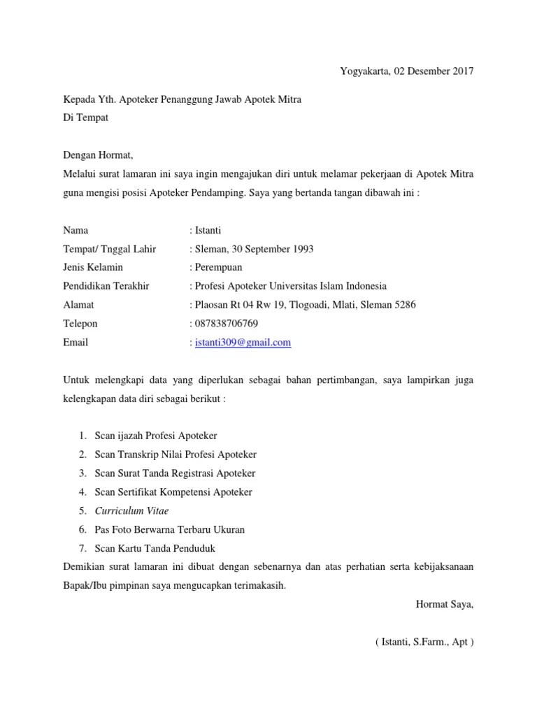 Berikut adalah 15 contoh surat lamaran kerja menarik & pasti diterima . Surat Lamaran Apotek Pdf