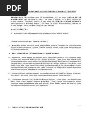 Surat perjanjian perlantikan sebagai sub kontraktor. Contoh Surat Lantikan Kontraktor