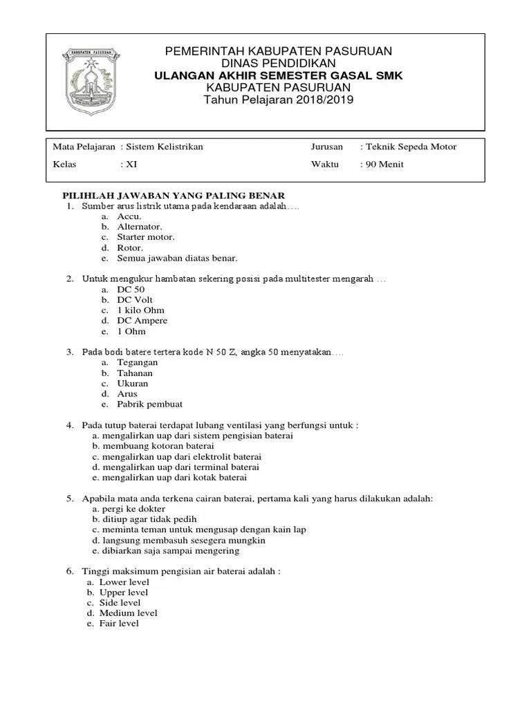 Soal Sistem Pengisian Kelistrikan Sepeda Motor Kelas 11 Tsm – Beinyu.com