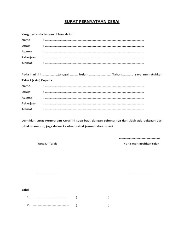 Jika benar, maka ulasan yang anda baca saat ini akan mencoba mengulas dan membagikan contoh surat pernyataan cerai dalam bentuk format doc (word)maupunpdf yang dapat anda download (unduh) filenya secara gratis dan mudah. Surat Pernyataan Cerai Pdf