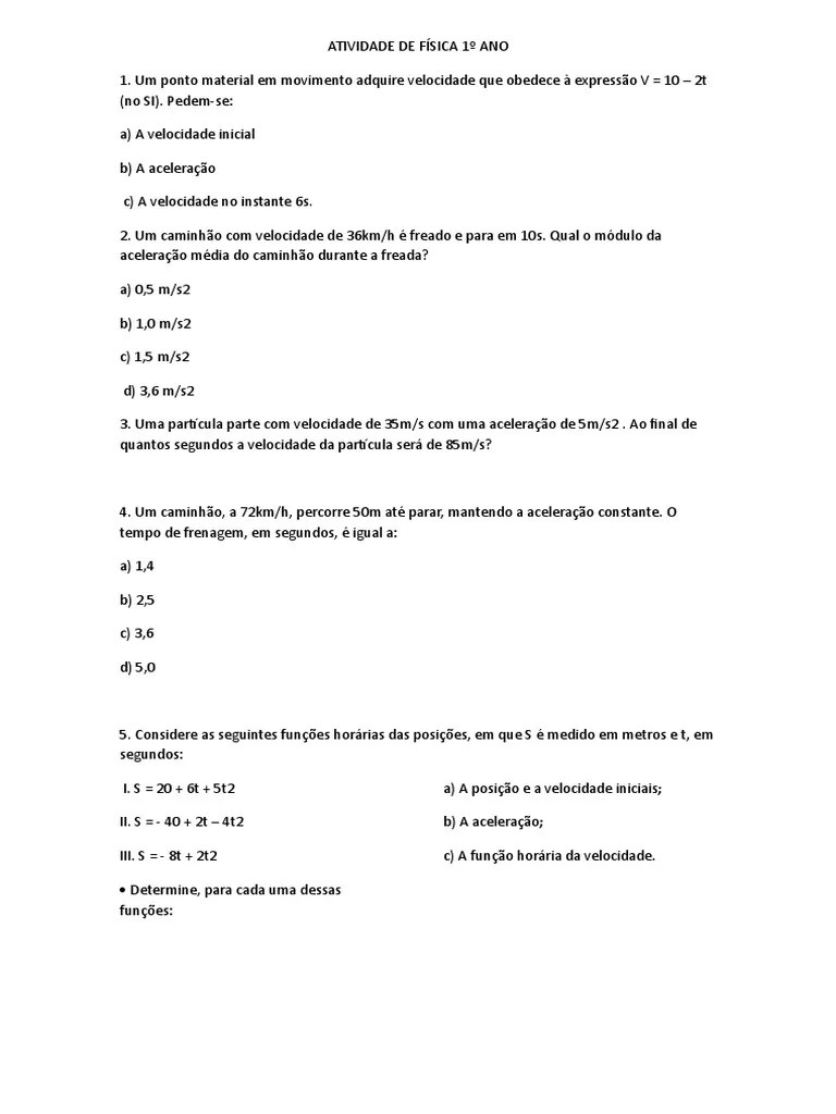 Atividade De Física 1º Ano | PDF