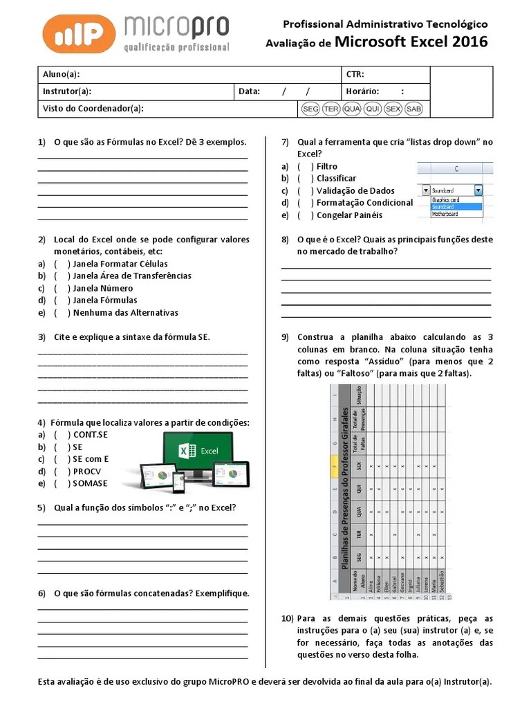 Avaliação De Microsoft Excel 2016 | PDF | Microsoft Excel | Planilha