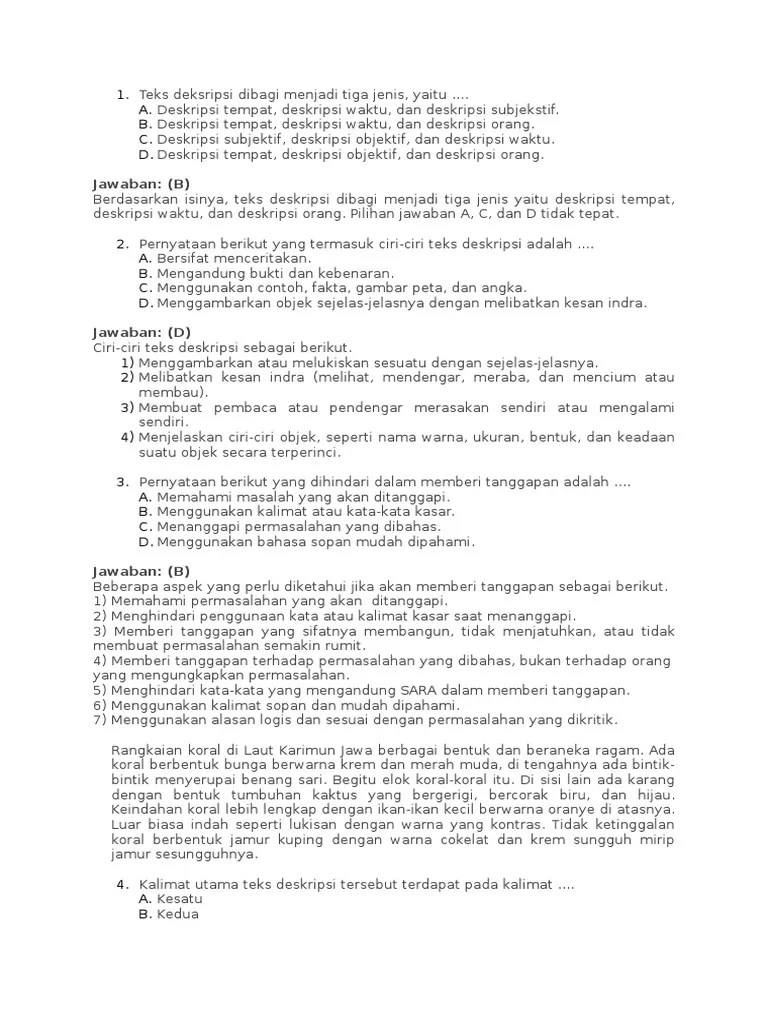 Teks deskripsi merupakan jenis teks yang membuat pembaca merasa terlibat. Lembar Jawaban Pilihan Ganda Pdf