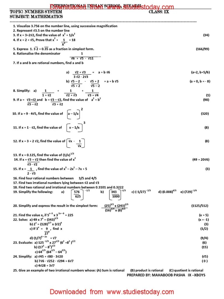 Extra questions for class 9 maths chapter 1 number systems. Cbse Class 9 Mathematics Worksheet Number System Pdf Rational Number Fraction Mathematics