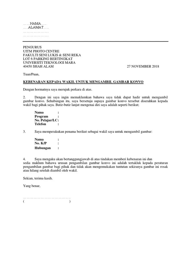 Contoh surat memberi kuasa kepada wakil picture submitted ang uploaded by admin that kept in our collection. Template Surat Wakil Ambil Gambar Konvo Pdf