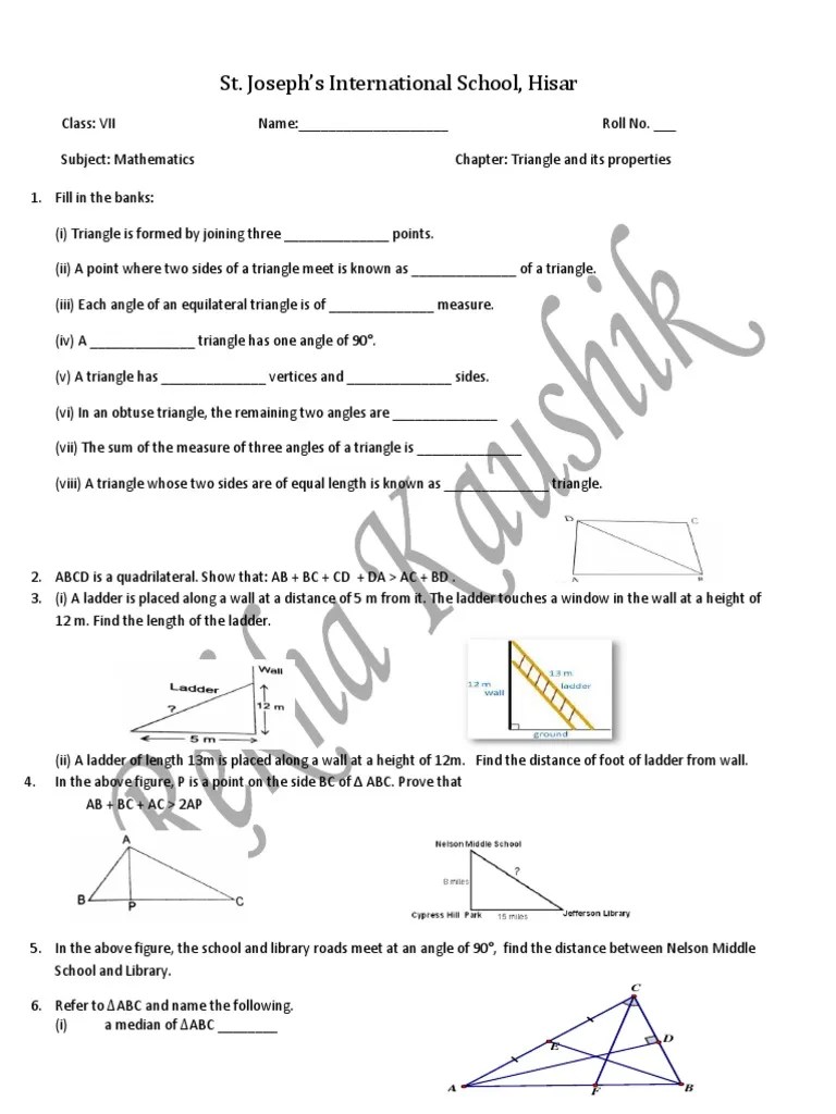 Class 7 Triangles Worksheet | PDF | Triangle | Angle