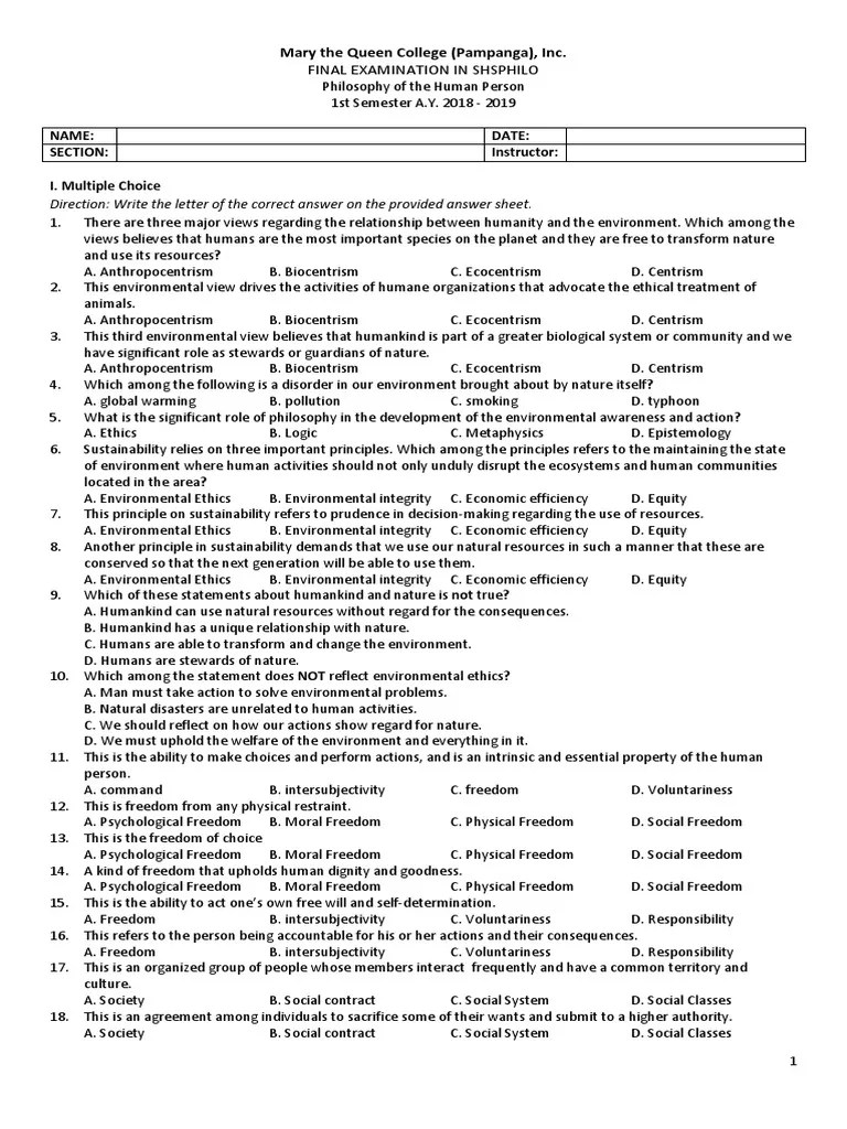 Philo Final Exam Pdf Free Will Society