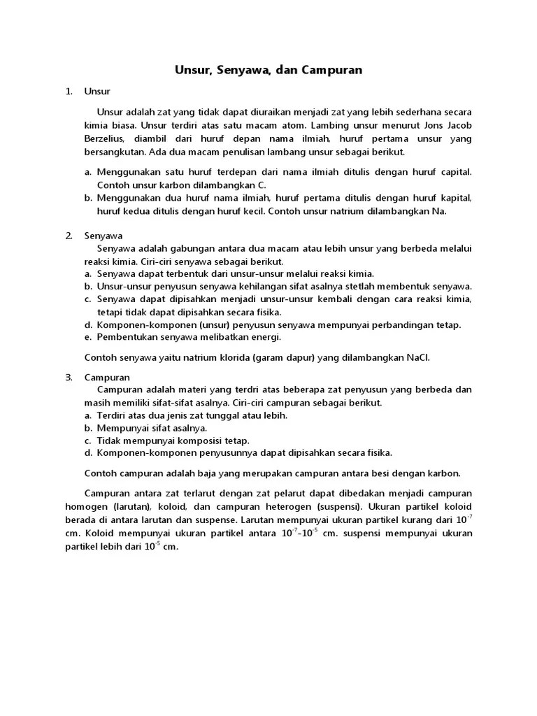 Unsur, Senyawa, Dan Campuran, Sifat-Sifat Fisika Dan Kimia Serta  Perubahannya | PDF