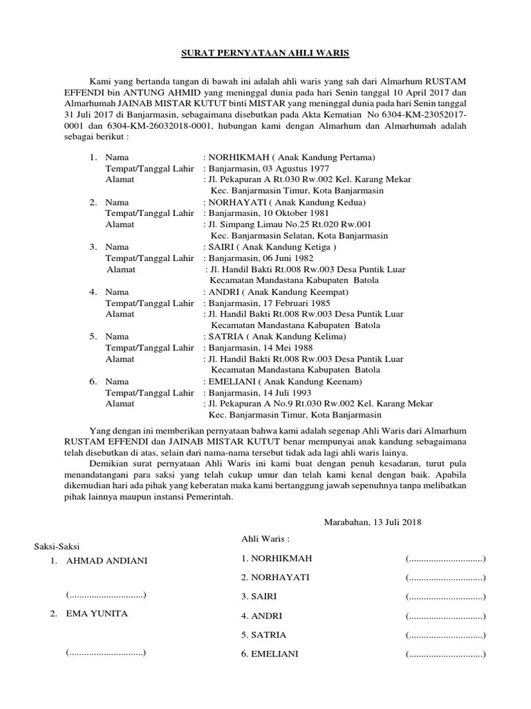 Surat Pernyataan Ahli Waris | PDF