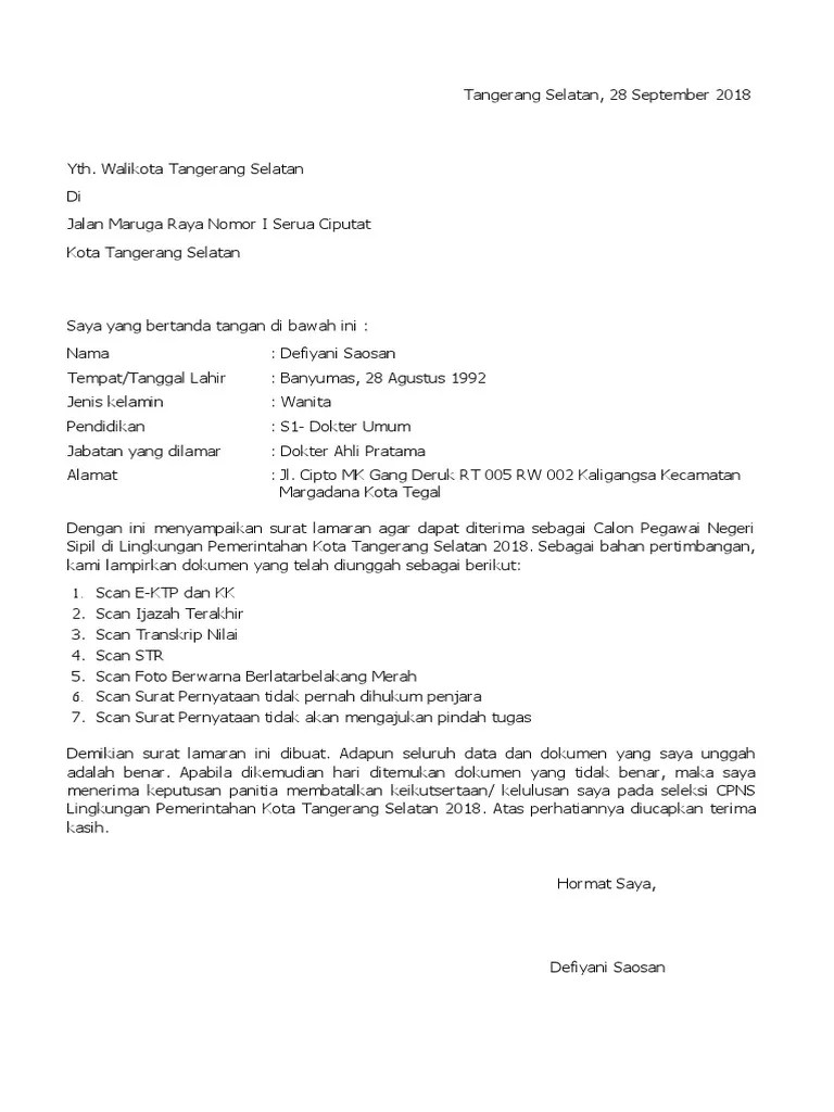 Dengan ini saya ingin mengajukan permohonan ini agar dapat diterima sebagaicalon pegawainegeri sipil pemerintah kota tangerang . Surat Lamaran Tangsel Pdf