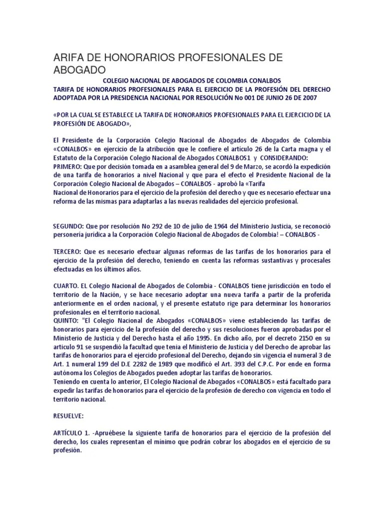 Tarifa De Honorarios Profesionales Para Abogados En Colombia Establecida Por El Colegio Nacional ...