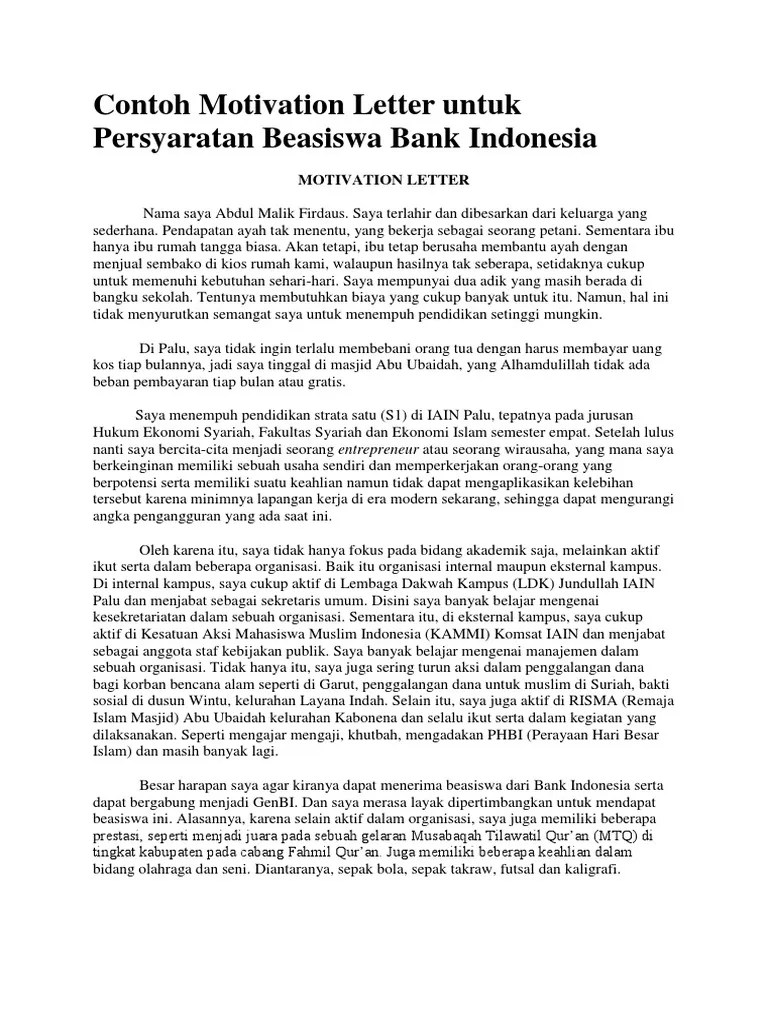 Untuk lebih jelasnya, berikut adalah 2 contoh cover letter yang bisa . Contoh Motivation Letter Untuk Persyaratan Beasiswa Bank