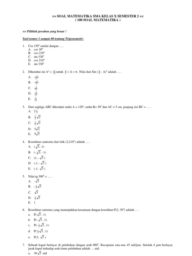 Soal uts matematika kelas 4 semester 2 kurikulum 2013. 100 Soal Matematika Sma Kls X Smt 2 Pdf